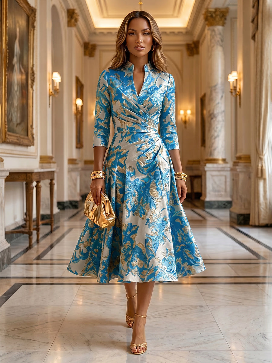 Jacquard A-Line/Princess V-Neck Tea-Length Mother of the Bride & Groom Dresses with Ruched Waist (SHI22501056)