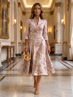 Jacquard A-Line/Princess V-Neck Tea-Length Mother of the Bride & Groom Dresses with Ruched Waist (SHI22501056)