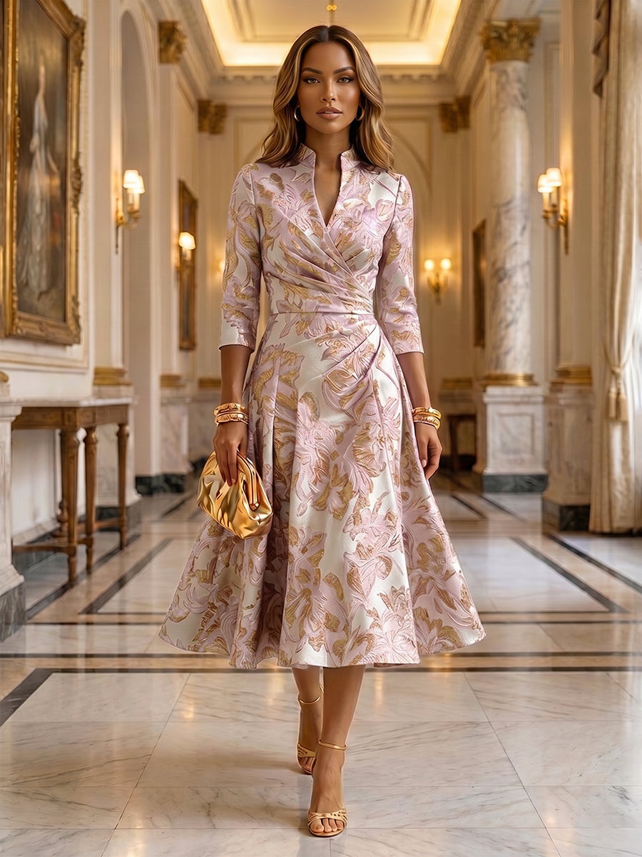 Jacquard A-Line/Princess V-Neck Tea-Length Mother of the Bride & Groom Dresses with Ruched Waist (SHI22501056)