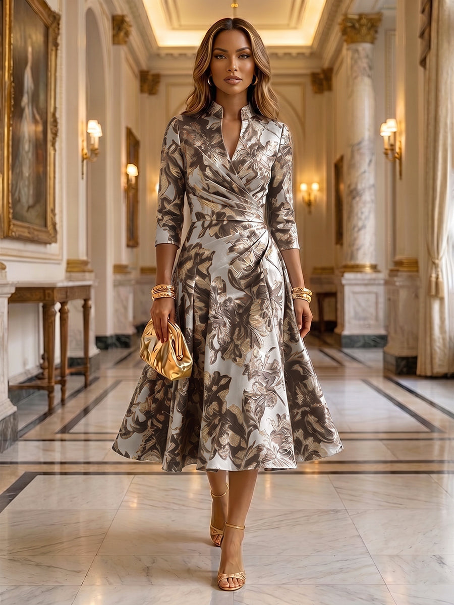 Jacquard A-Line/Princess V-Neck Tea-Length Mother of the Bride & Groom Dresses with Ruched Waist (SHI22501056)