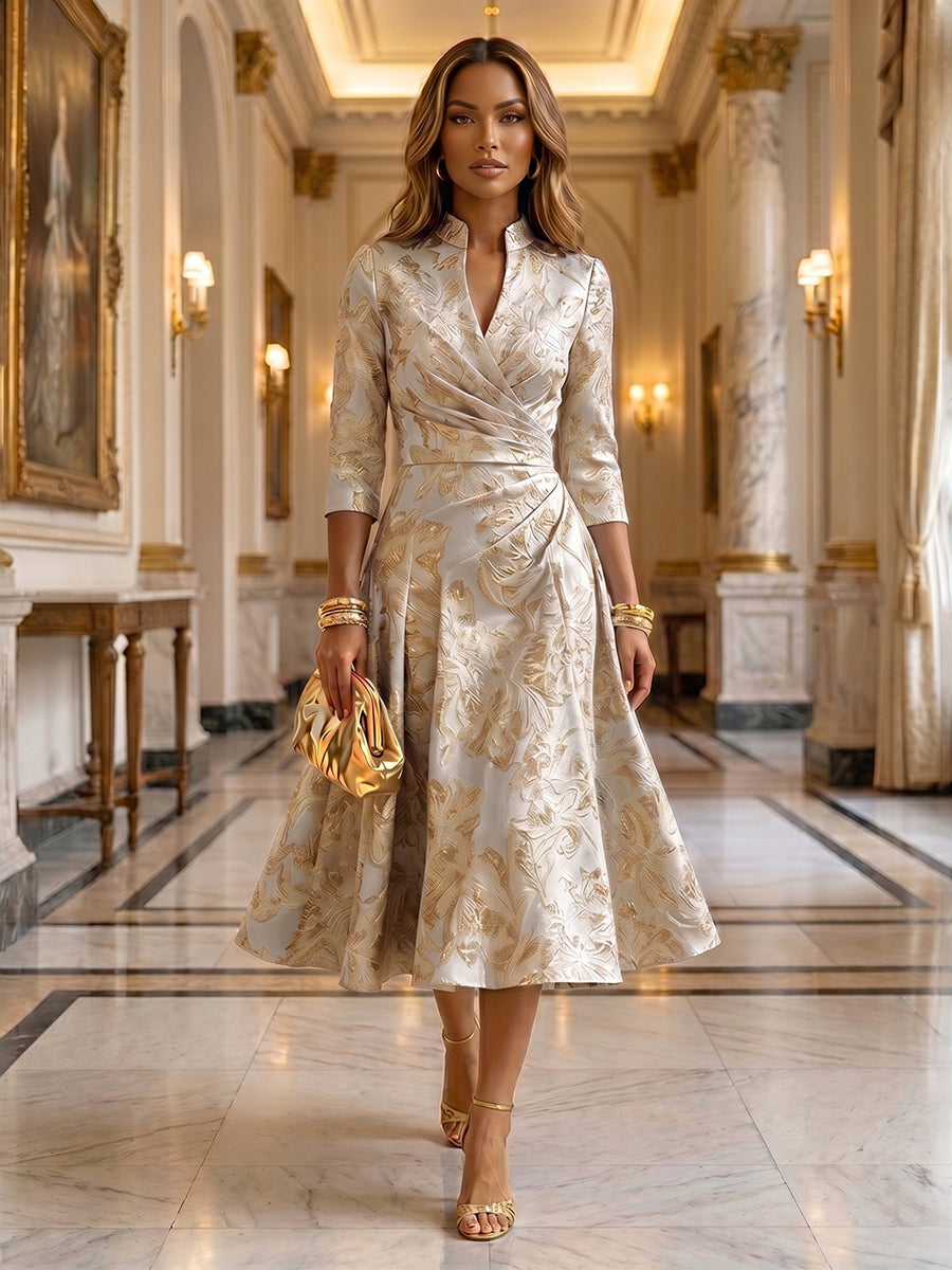 Jacquard A-Line/Princess V-Neck Tea-Length Mother of the Bride & Groom Dresses with Ruched Waist (SHI22501056)