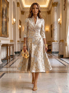 Jacquard A-Line/Princess V-Neck Tea-Length Mother of the Bride & Groom Dresses with Ruched Waist (SHI22501056)
