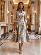 Jacquard A-Line/Princess V-Neck Tea-Length Mother of the Bride & Groom Dresses with Ruched Waist (SHI22501056)