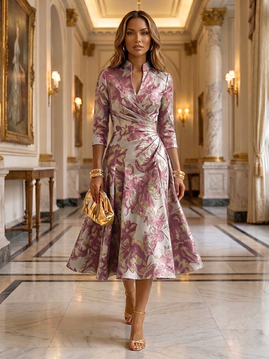 Jacquard A-Line/Princess V-Neck Tea-Length Mother of the Bride & Groom Dresses with Ruched Waist (SHI22501056)