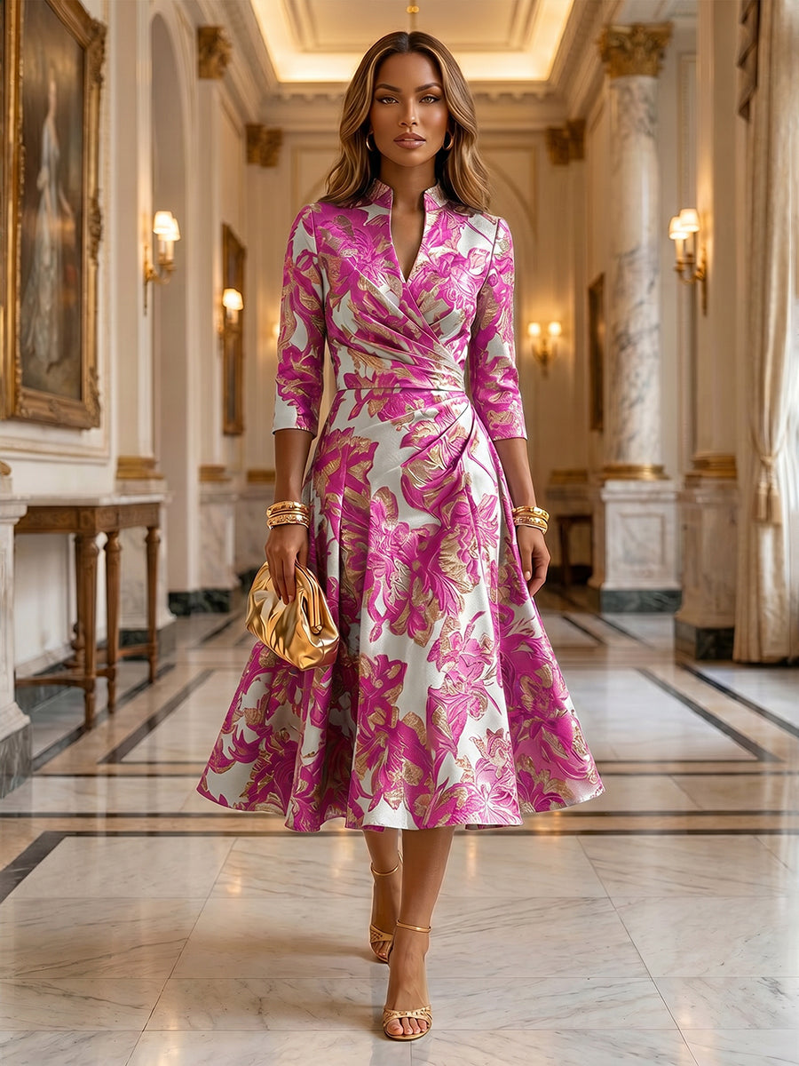 Jacquard A-Line/Princess V-Neck Tea-Length Mother of the Bride & Groom Dresses with Ruched Waist (SHI22501056)