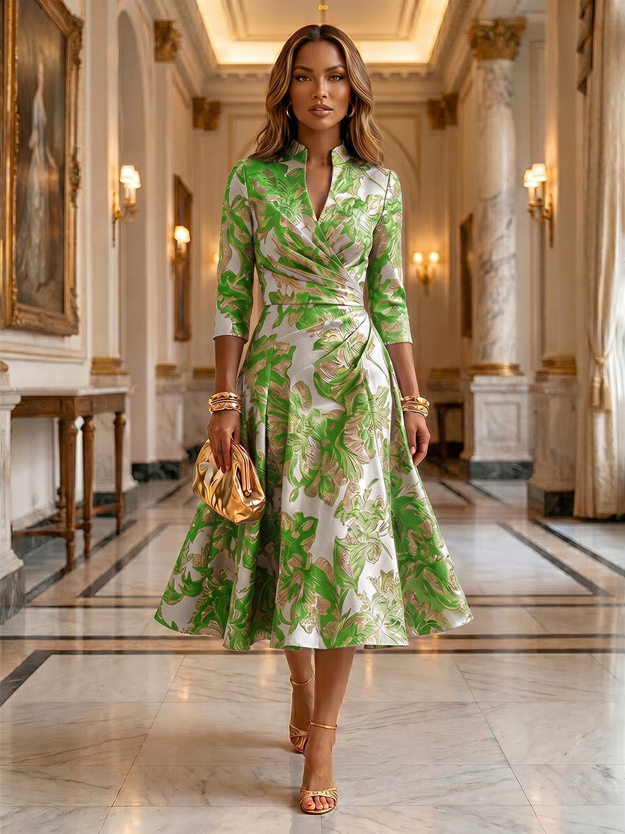 Jacquard A-Line/Princess V-Neck Tea-Length Mother of the Bride & Groom Dresses with Ruched Waist (SHI22501056)