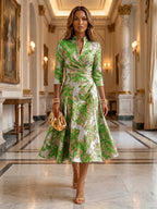 Jacquard A-Line/Princess V-Neck Tea-Length Mother of the Bride & Groom Dresses with Ruched Waist (SHI22501056)