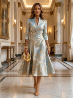 Jacquard A-Line/Princess V-Neck Tea-Length Mother of the Bride & Groom Dresses with Ruched Waist (SHI22501056)