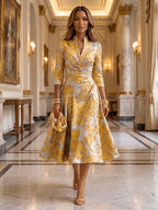 Jacquard A-Line/Princess V-Neck Tea-Length Mother of the Bride & Groom Dresses with Ruched Waist (SHI22501056)