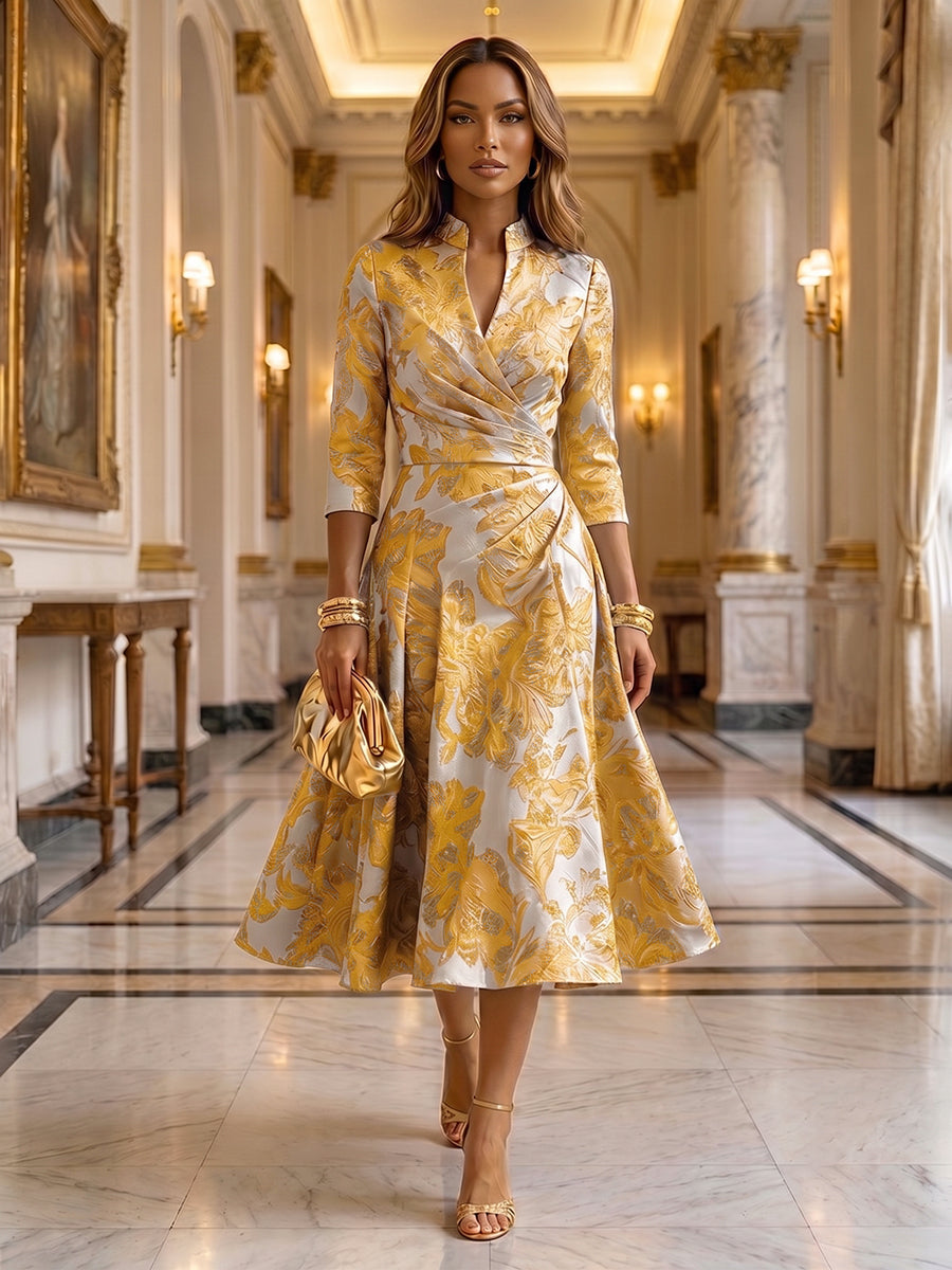 Jacquard A-Line/Princess V-Neck Tea-Length Mother of the Bride & Groom Dresses with Ruched Waist (SHI22501056)