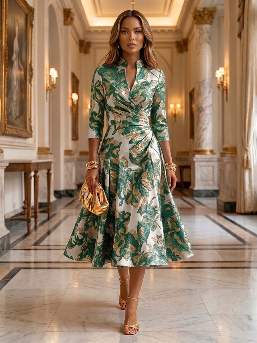 Jacquard A-Line/Princess V-Neck Tea-Length Mother of the Bride & Groom Dresses with Ruched Waist (SHI22501056)