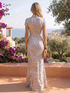 Jacquard Sheath/Column V-Neck Floor-Length Mother of the Bride & Groom Dresses with Ruffles & Ruched Waist (SHI22501058)