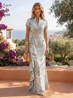 Jacquard Sheath/Column V-Neck Floor-Length Mother of the Bride & Groom Dresses with Ruffles & Ruched Waist (SHI22501058)