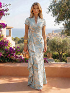 Jacquard Sheath/Column V-Neck Floor-Length Mother of the Bride & Groom Dresses with Ruffles & Ruched Waist (SHI22501058)