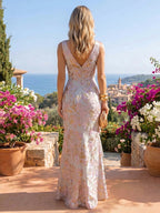 Jacquard Sheath/Column V-Neck Floor-Length Mother of the Bride & Groom Dresses with Ruffles & Ruched Waist (SHI22501058)