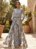 Floral Print A-Line/Princess Scoop Neck Floor-Length Mother of the Bride & Groom Dresses with Tiered Layers & Ruffles (SHI22501117)