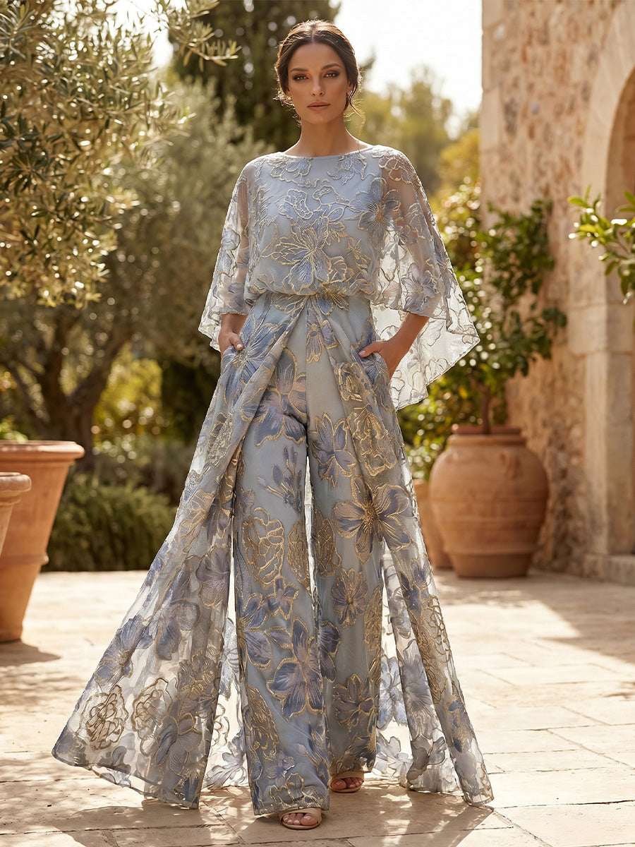Floral Print A-Line/Princess Scoop Neck Floor-Length Mother of the Bride & Groom Dresses with Tiered Layers & Ruffles (SHI22501117)