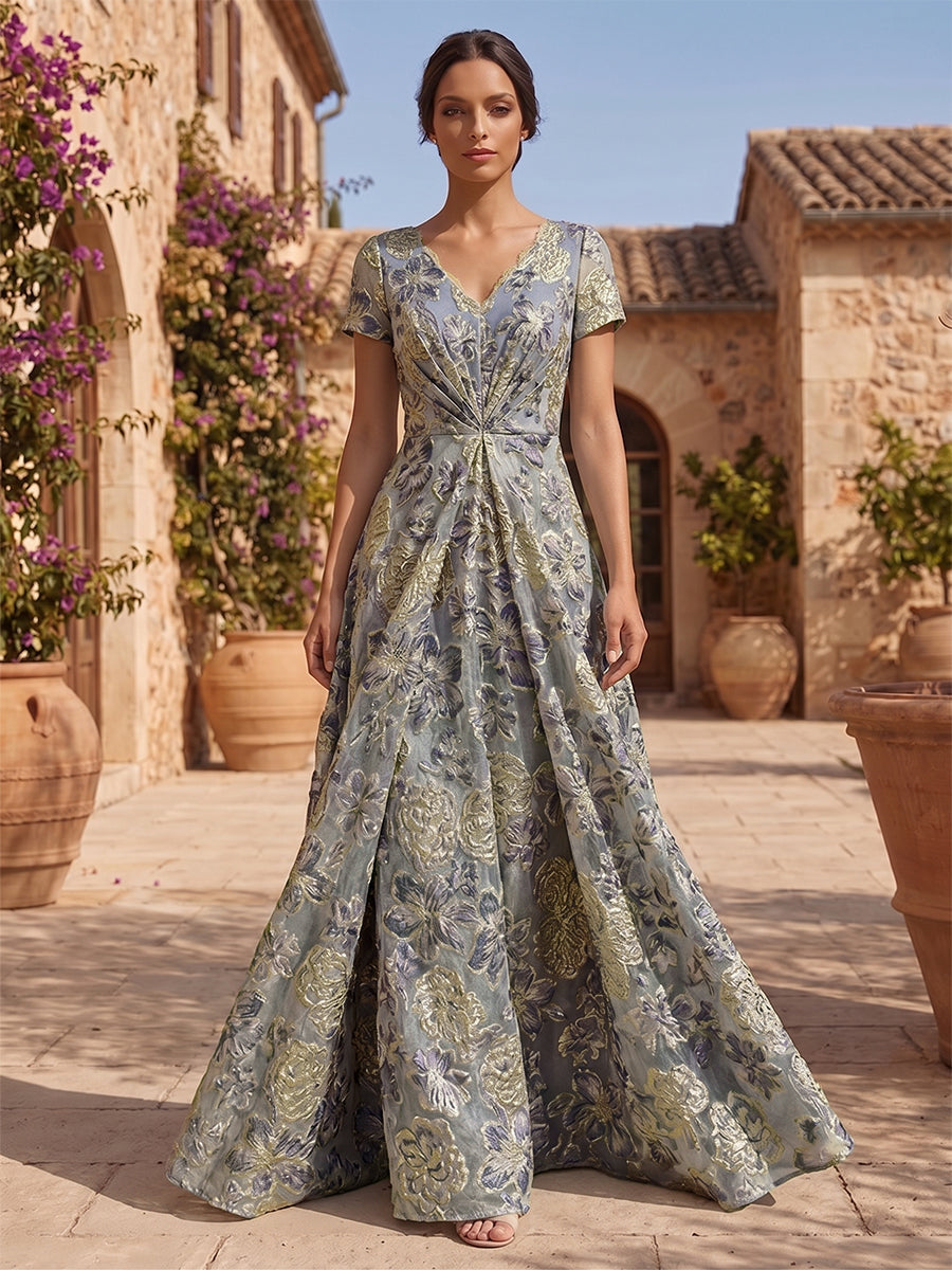 Jacquard Sheath/Column V-Neck Floor-Length Mother of the Bride & Groom Dresses with Ruched Waist (SHI22501059)