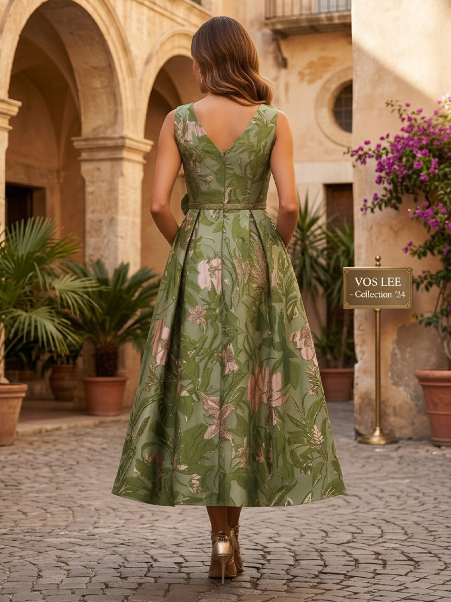 Jacquard A-Line/Princess V-Neck Tea-Length Mother of the Bride & Groom Dresses with Ruched Waist (SHI22501056)