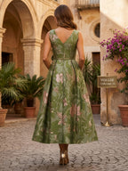 Jacquard A-Line/Princess V-Neck Tea-Length Mother of the Bride & Groom Dresses with Ruched Waist (SHI22501056)