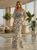 Jacquard Sheath/Column 3/4 Sleeves Floor-Length Mother of the Bride & Groom Dresses with Ruched Waist & Rhinestones (SHI22500801)