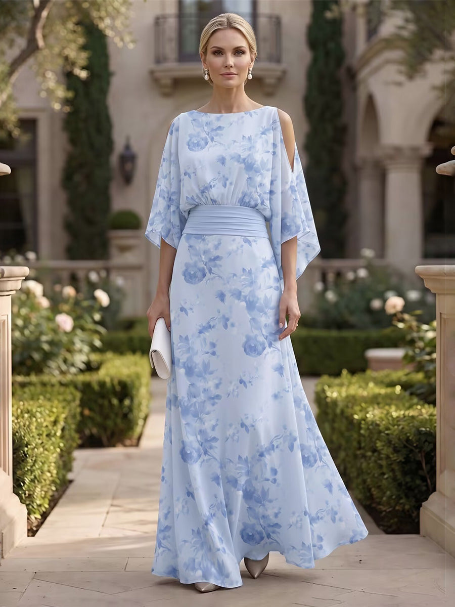 Floral Print A-Line/Princess Scoop Neck Floor-Length Mother of the Bride & Groom Dresses with Ruffles & Ruched Waist (SHI22501132)