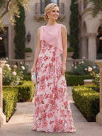 Floral Print A-Line/Princess Scoop Neck Floor-Length Mother of the Bride & Groom Dresses with Tiered Layers & Ruffles (SHI22501117)