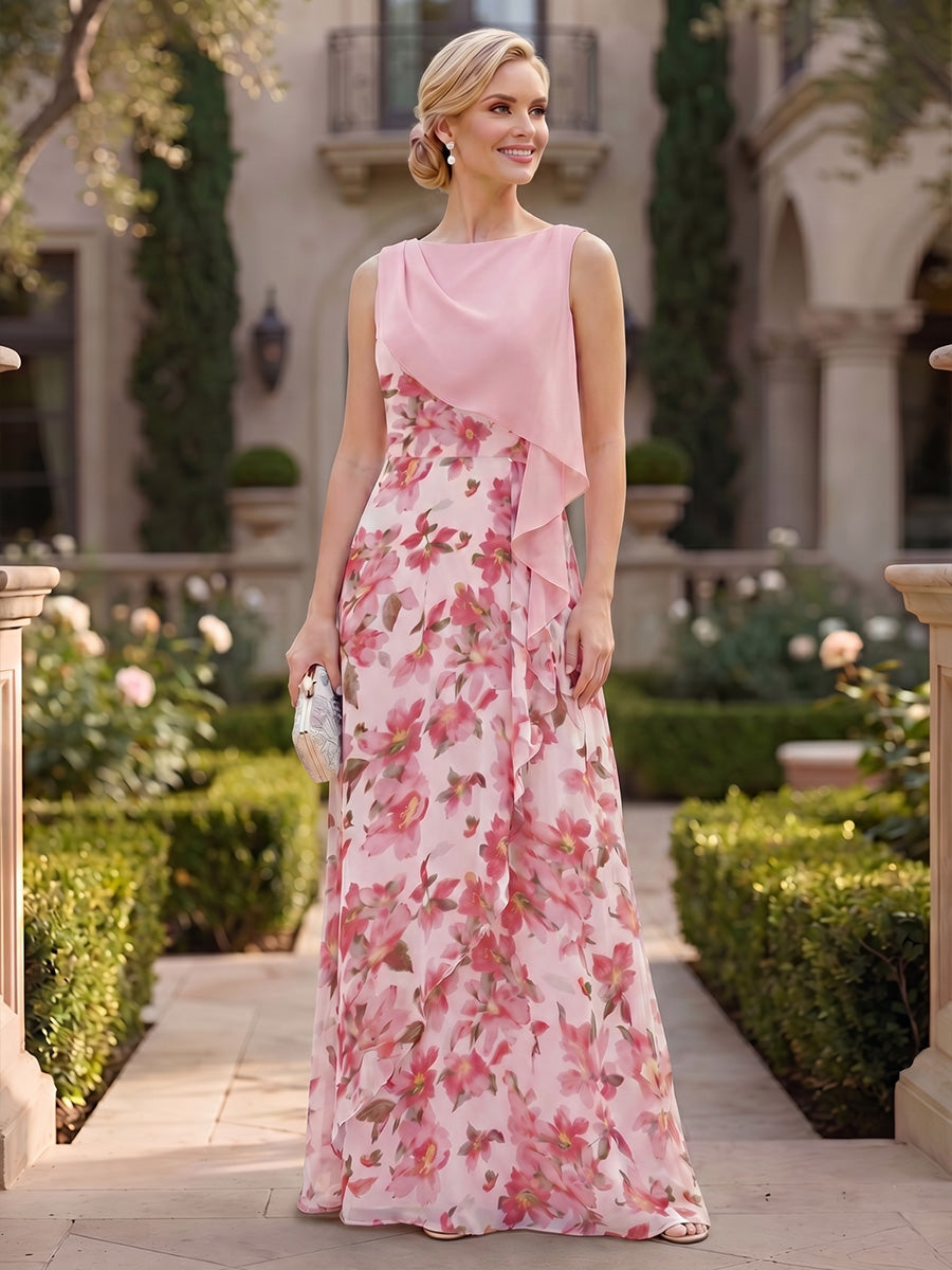 Floral Print A-Line/Princess Scoop Neck Tea-Length Mother of the Bride & Groom Dresses with Ruffles (SHI22501121)