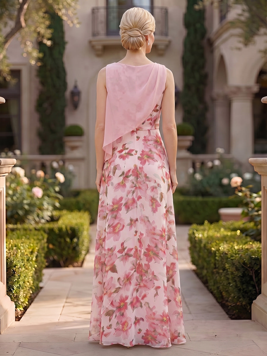 Floral Print A-Line/Princess Scoop Neck Floor-Length Mother of the Bride & Groom Dresses with Tiered Layers & Ruffles (SHI22501117)