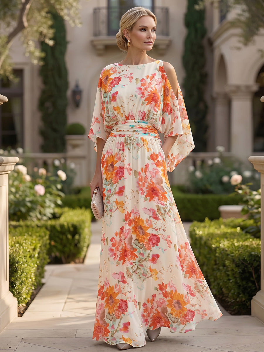 Floral Print A-Line/Princess Scoop Neck Floor-Length Mother of the Bride & Groom Dresses with Ruched Waist & Pockets (SHI22501125)