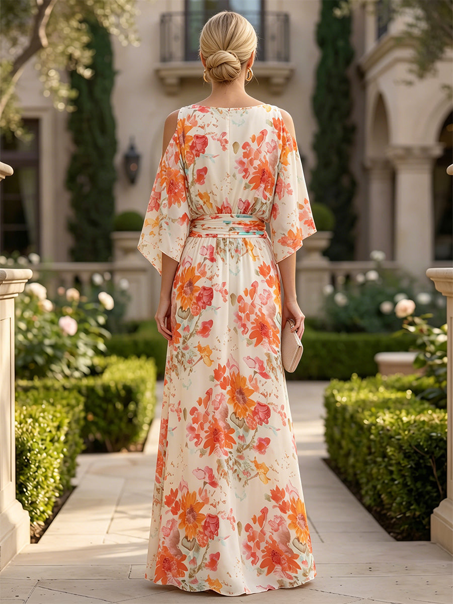 Floral Print A-Line/Princess Scoop Neck Floor-Length Mother of the Bride & Groom Dresses with Ruched Waist & Pockets (SHI22501125)