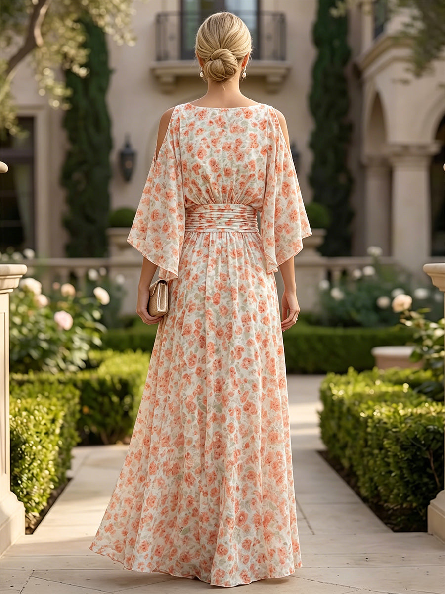 Floral Print A-Line/Princess Scoop Neck Floor-Length Mother of the Bride & Groom Dresses with Ruched Waist (SHI22500936)