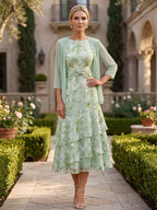 Floral Print A-Line/Princess Scoop Neck Tea-Length Mother of the Bride & Groom Dresses with Ruffles (SHI22501121)