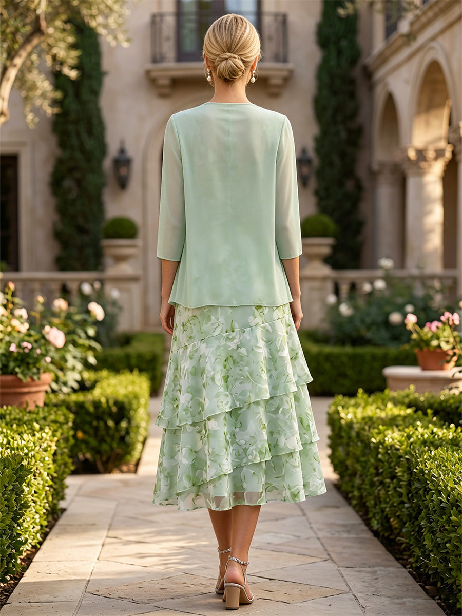 Floral Print A-Line/Princess Scoop Neck Tea-Length Mother of the Bride & Groom Dresses with Ruffles (SHI22501121)