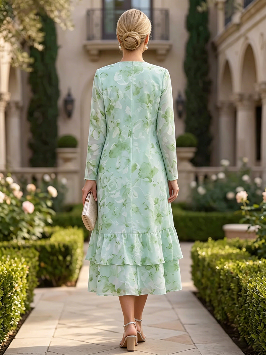 Floral Print A-Line/Princess Scoop Neck Tea-Length Mother of the Bride & Groom Dresses with Ruffles (SHI22501121)