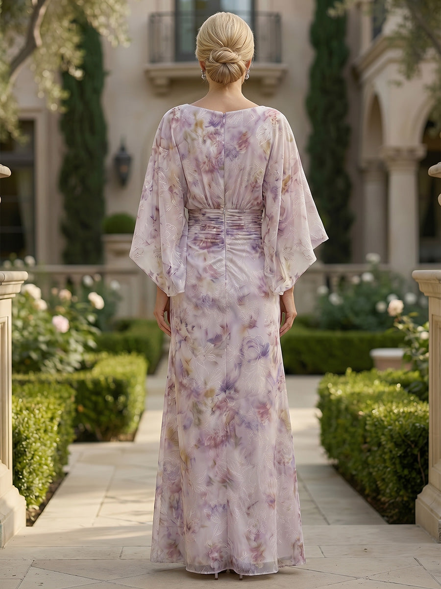 Floral Print A-Line/Princess Scoop Neck Floor-Length Mother of the Bride & Groom Dresses with Ruched Waist & Pockets (SHI22501125)
