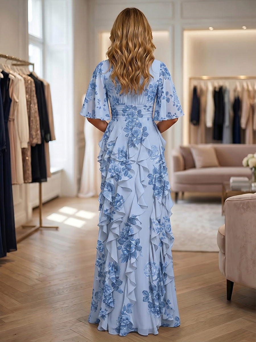 Floral Print A-Line/Princess Scoop Neck Floor-Length Mother of the Bride & Groom Dresses with Tiered Layers & Ruffles (SHI22501117)