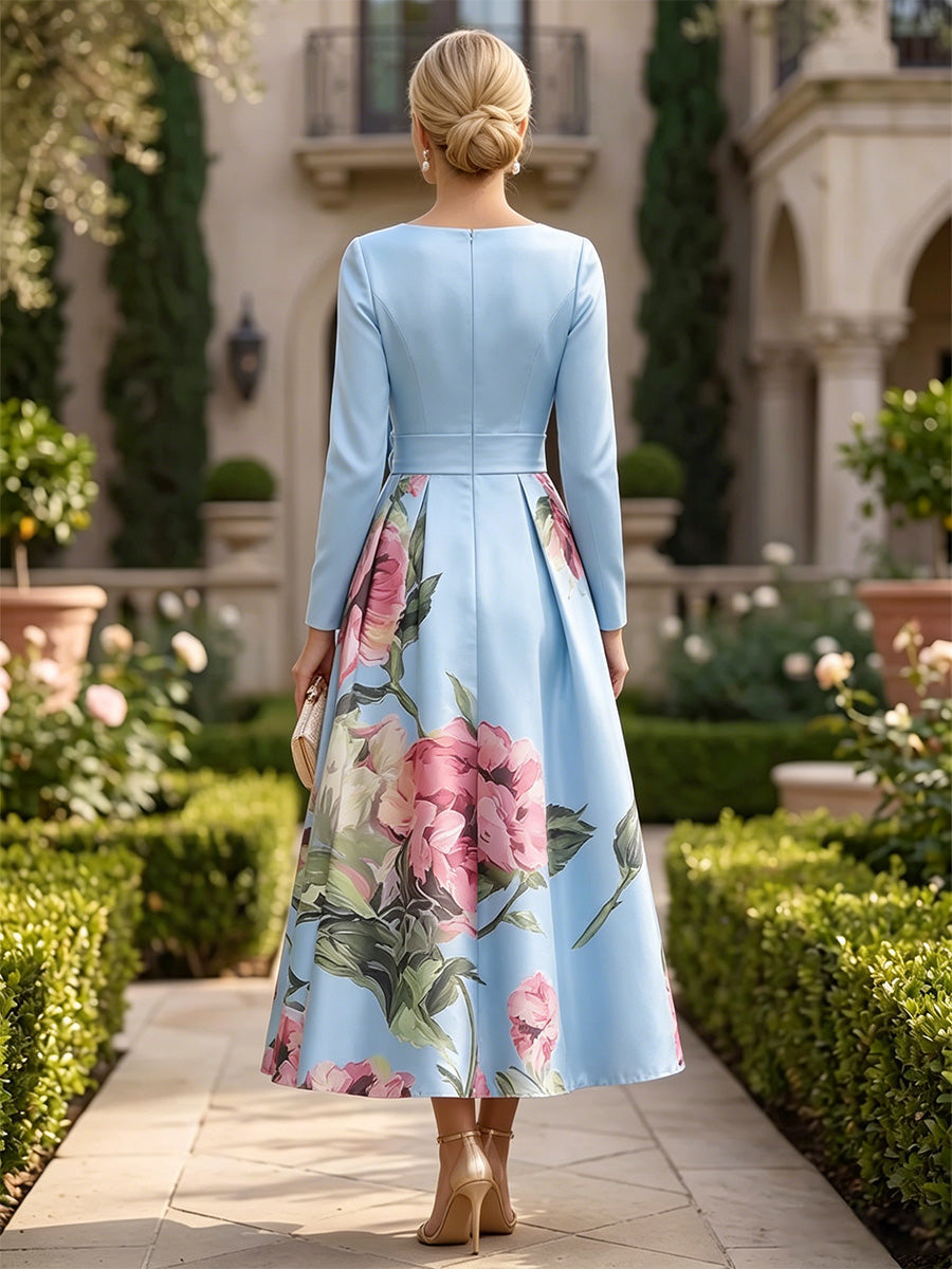 Floral Print A-Line/Princess V-Neck Tea-Length Mother of the Bride & Groom Dresses with Ruched Waist & Pockets (SHI22501150)