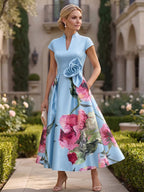 Floral Print A-Line/Princess V-Neck Tea-Length Mother of the Bride & Groom Dresses with Ruched Waist & Pockets (SHI22501150)