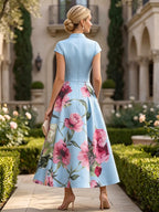 Floral Print A-Line/Princess V-Neck Tea-Length Mother of the Bride & Groom Dresses with Ruched Waist & Pockets (SHI22501150)