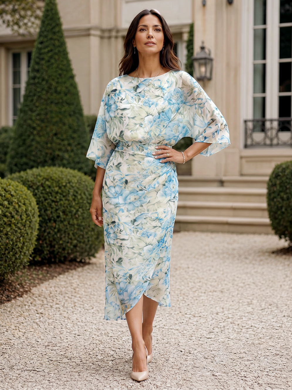 Floral Print Sheath/Column Scoop Neck Floor-Length Mother of the Bride & Groom Dresses with Ruched Waist (SHI22501153)