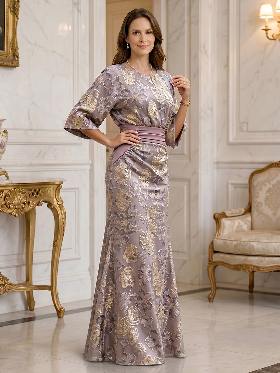 Jacquard Sheath/Column Scoop Neck Floor-Length Mother of the Bride & Groom Dresses with Ruched Waist (SHI22501318)