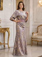 Jacquard Sheath/Column Scoop Neck Floor-Length Mother of the Bride & Groom Dresses with Ruched Waist (SHI22501318)
