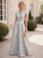 Jacquard A-Line/Princess V-Neck Floor-Length Mother of the Bride & Groom Dresses with Ruched Waist & Pockets (SHI22501298)