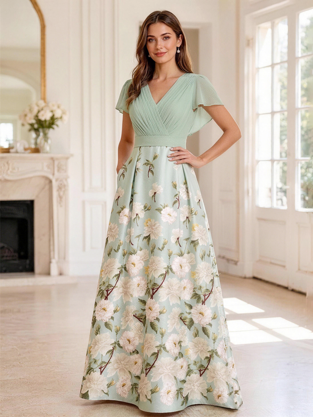 Floral Print A-Line/Princess V-Neck Tea-Length Mother of the Bride & Groom Dresses with Ruched Waist & Pockets (SHI22501150)