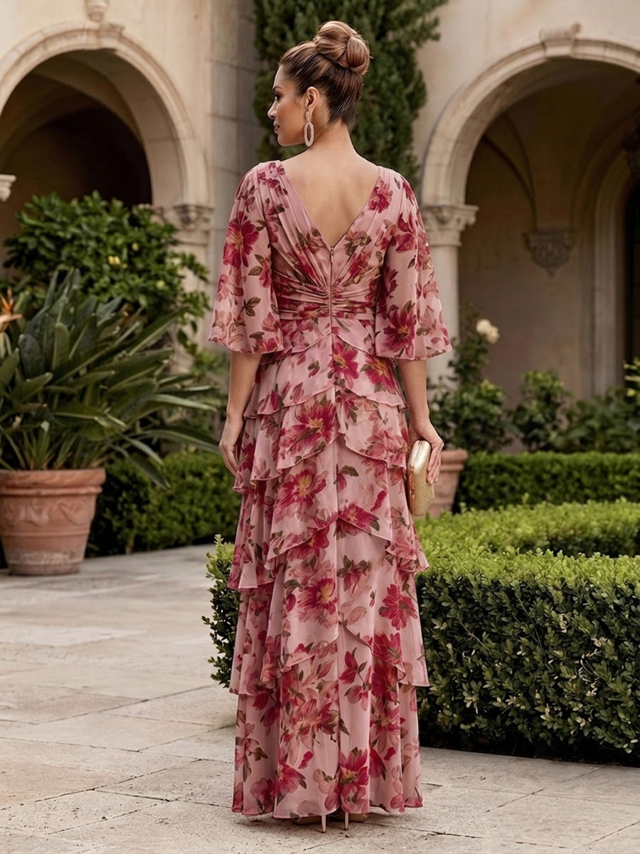 Floral Print A-Line/Princess V-Neck Floor-Length Mother of the Bride & Groom Dresses with Tiered Layers & Ruffles (SHI22501166)