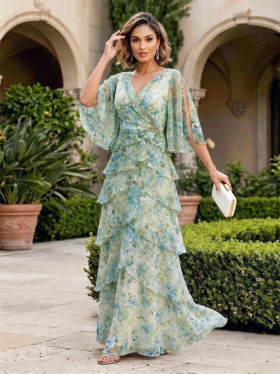 Floral Print A-Line/Princess V-Neck Floor-Length Mother of the Bride & Groom Dresses with Tiered Layers & Ruffles (SHI22501166)