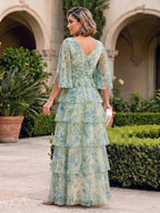 Floral Print A-Line/Princess V-Neck Floor-Length Mother of the Bride & Groom Dresses with Tiered Layers (SHI22500929)