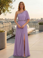 Chiffon A-Line/Princess One Shoulder Floor-Length Mother of the Bride & Groom Dresses with Ruffles & Ruched Waist (SHI22501248)