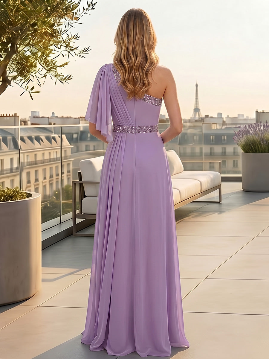 Chiffon A-Line/Princess One Shoulder Floor-Length Mother of the Bride & Groom Dresses with Ruffles & Ruched Waist (SHI22501248)